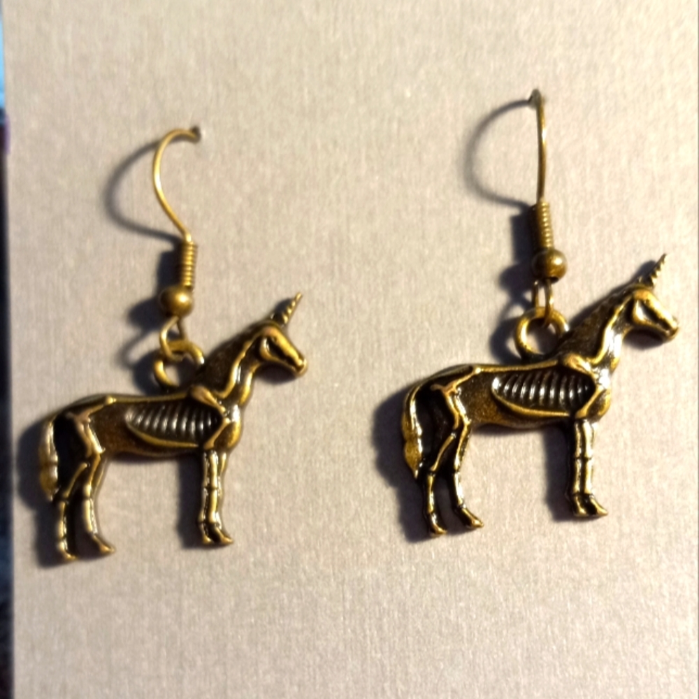 Handcrafted Goth,Skeleton Unicorn Earrings - Picture 1 of 3
